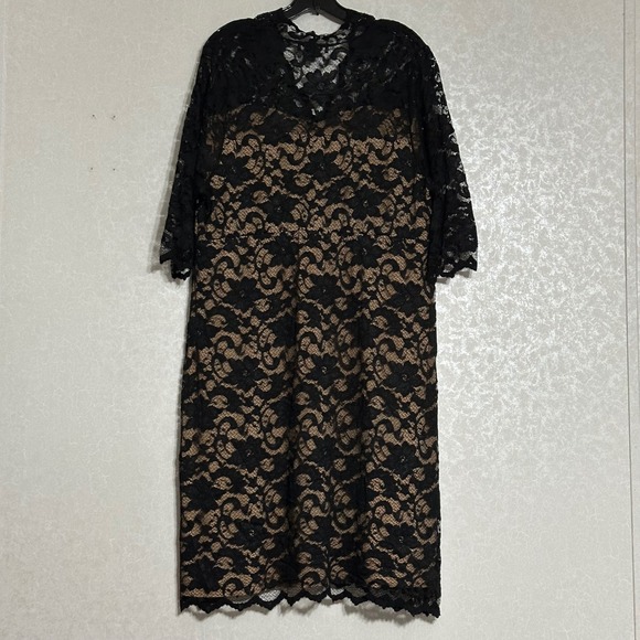 Karen Kane 2X Black Floral Lace Overlay Dress Tan Lined 3/4 Sleeve Midi Length - Picture 2 of 7